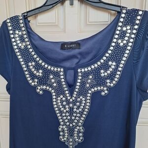 Be Smart Dress Embellished V Neck SzL? Cap Sleeves Navy Knee Length